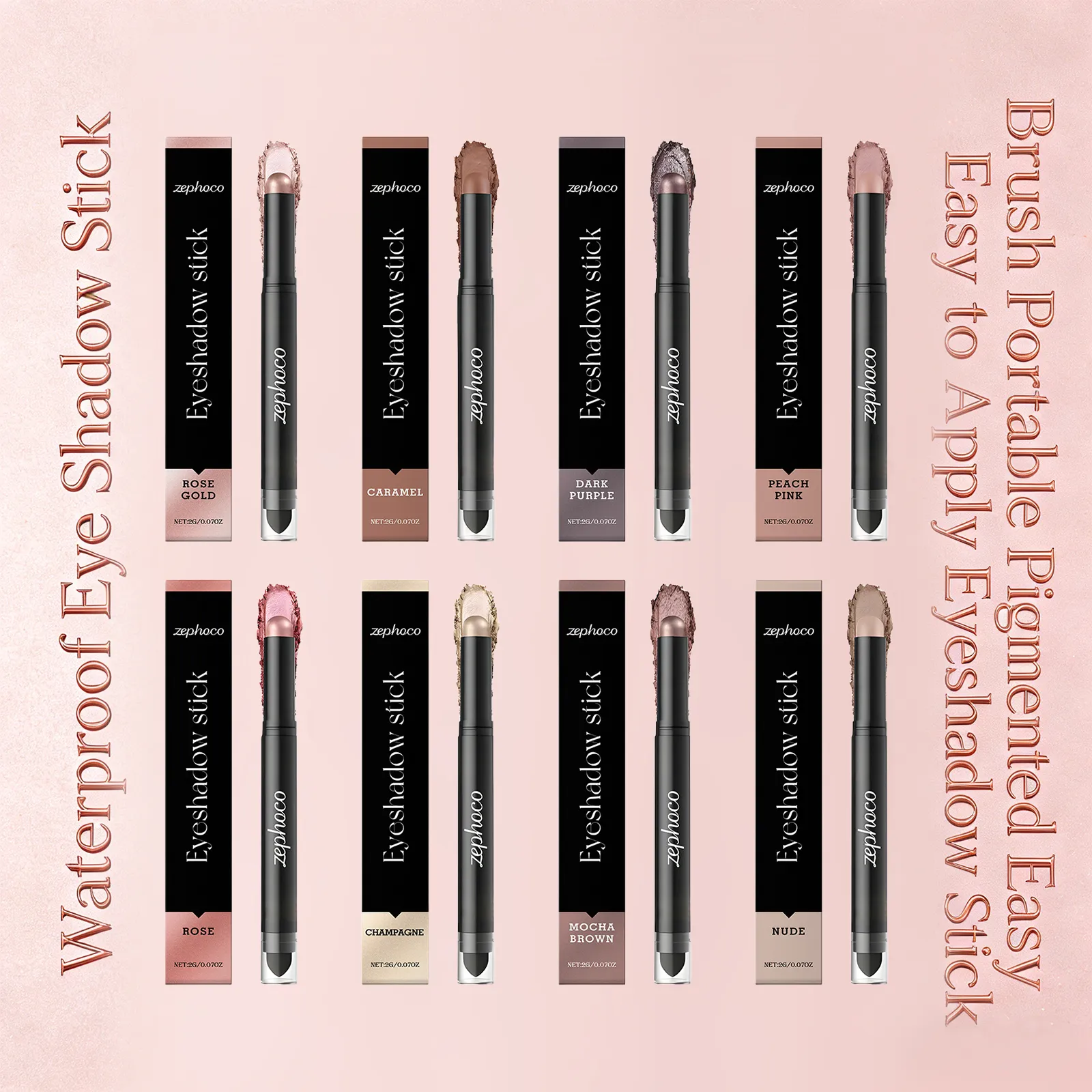 Waterproof Eye Shadow Stick with Brushes Long Lasting High Pigmented Double Head Eye Shadow Stick 8 Colors Maekup