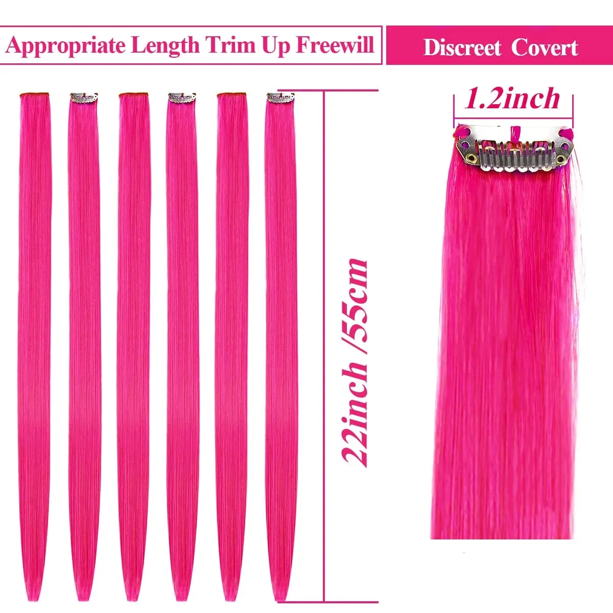22Inch 10Pcs Colored Highlight Synthetic Hair Extensions Pink Straight Hairpieces for Women Kids Girls Party Cosplay