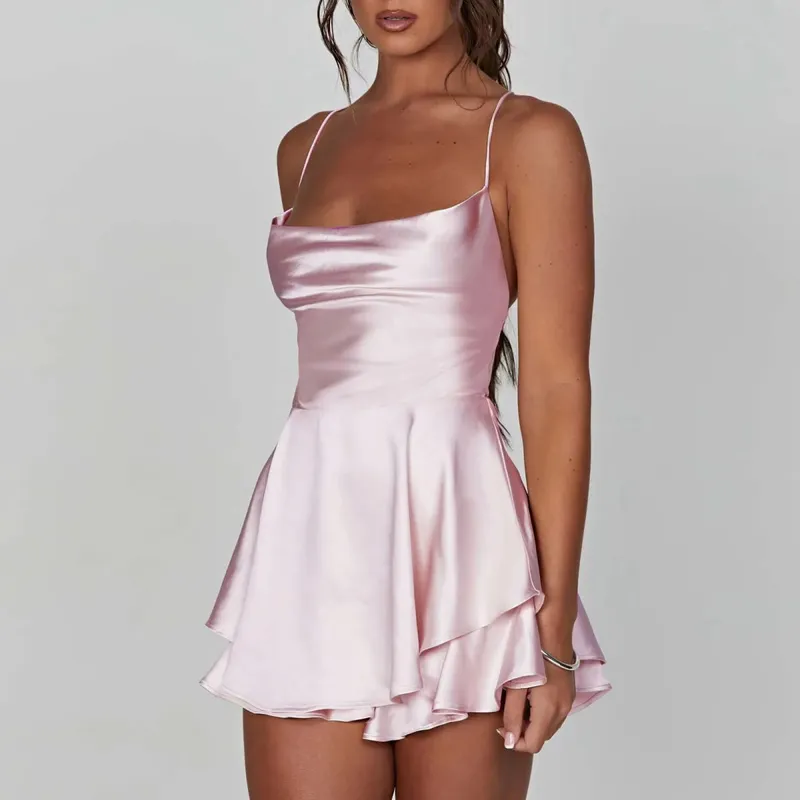 Satin Silke Kvinder Sexet Cami Playsuits Kjole Solid Cowl Neck Ærmeløse korte jumpsuits Sommer Cross Tie-Up Rygløs Romper