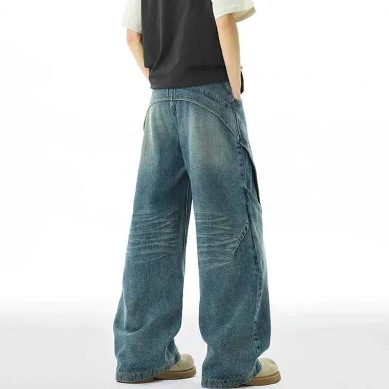 Korean Version Men'S Curved Knife Jeans With Loose Retro Design Straight Leg Pants Casual Large Pocket Wide Leg Pants