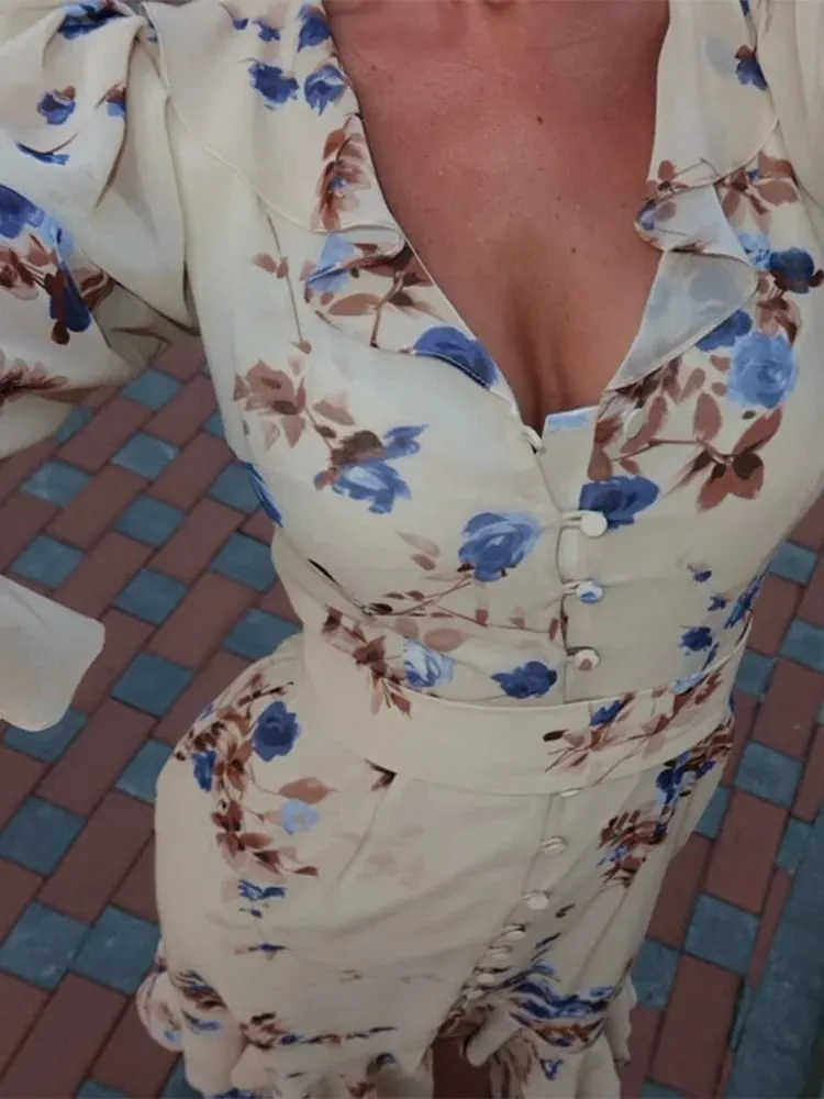 Sexy Print Women Long Dress Urban V-neck Single Breasted Ruffles Half Sleeve Female Dresses 2026 Spring Autumn Lady Robe — image 4