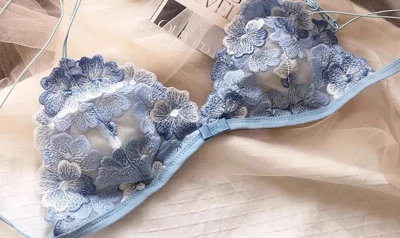ภาษาฝรั่งเศสคำ Niche ชุดชั้นในชุดปักตาข่ายสามเหลี่ยมถ้วยไร้สาย Bralette Retro ลูกไม้บางเซ็กซี่สบาย Bra USA Tushy MOYISU