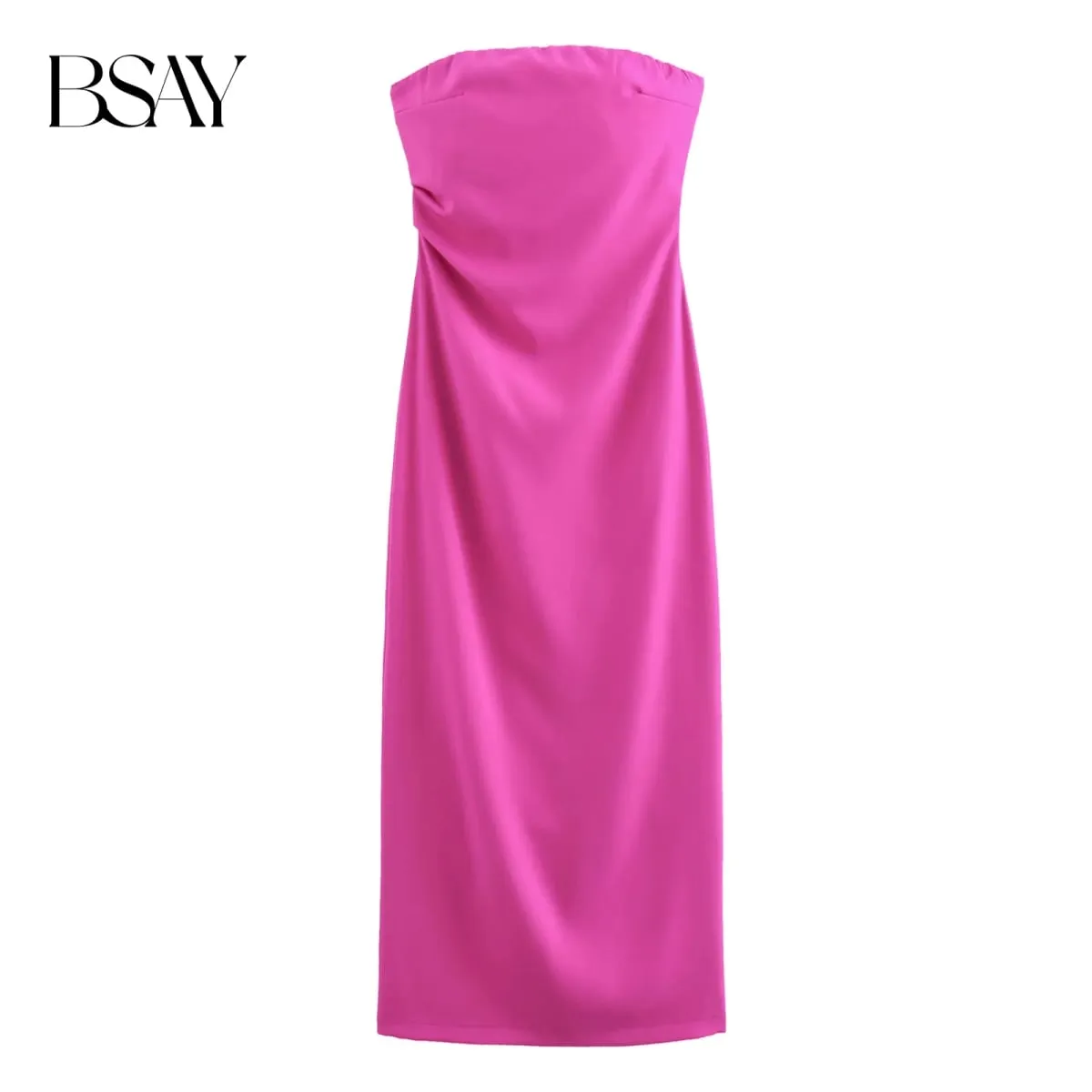 Women Fashion Summer New Sexy Split Back Zip Pleated Sleeveless Strapless Dress Chic Female French Elegant Evening