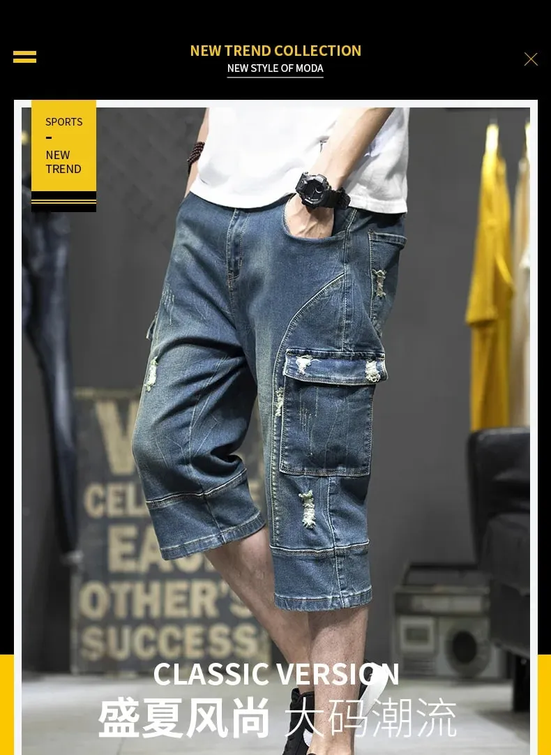 Cargo Man Denim Shorts Knee Length Half Long Bermuda Short Jeans Pants for Men with Pockets Blue Luxury Jorts Thin Streetwear — image 8