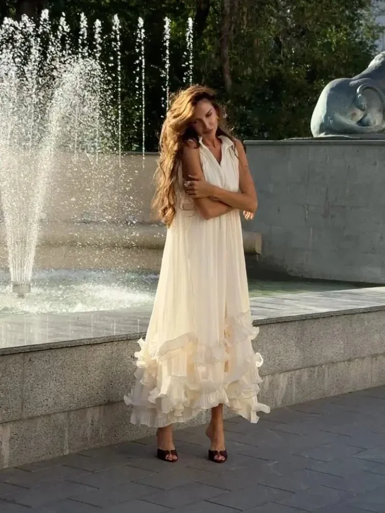 Ivory Sleeveless Ruffled Hem Maxi Dress Women Flowy Solid Cloak Long 2026 Spring Summer Fashion Vacation Leisure Lady Vestidos