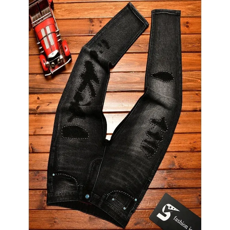 Street Designer Fashion Men Jeans High Quality Retro Black Stretch Slim Fit Hole Ripped Jeans Men Hip Hop Vintage Denim Pants