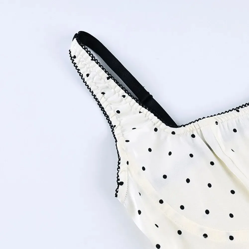 Sexy Spaghetti Strap Polka Dot Tank Top Square Neck Slim Cropped Sleeveless Silk Vest Off-shoulder Lace Camis Female