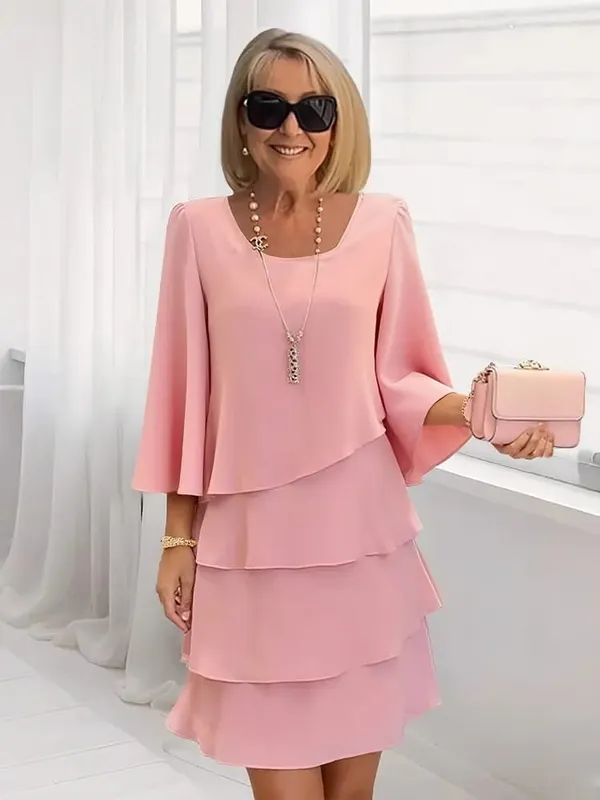 Women's Fashion Cake Skirt 3/4 Bell Sleeve Crewneck Tiered Layered Flowy Dress Party Wedding Outfits