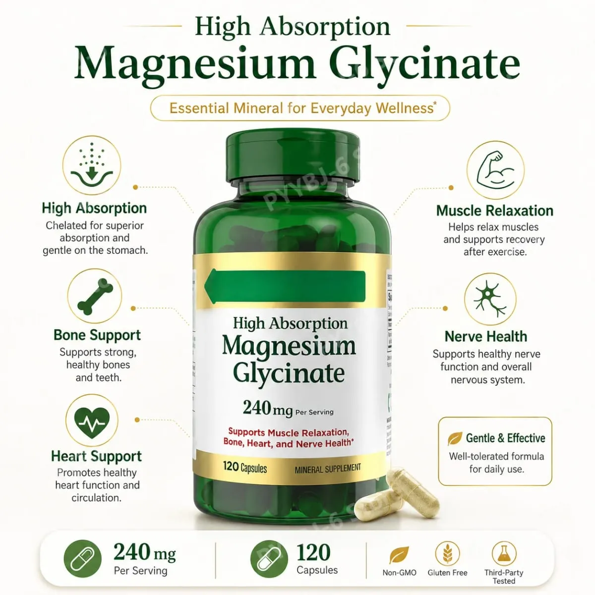 Magnesium Glycinate Capsules High Absorption Supports Muscle Relaxation Supports Bone Health 120 Capsules for Adults