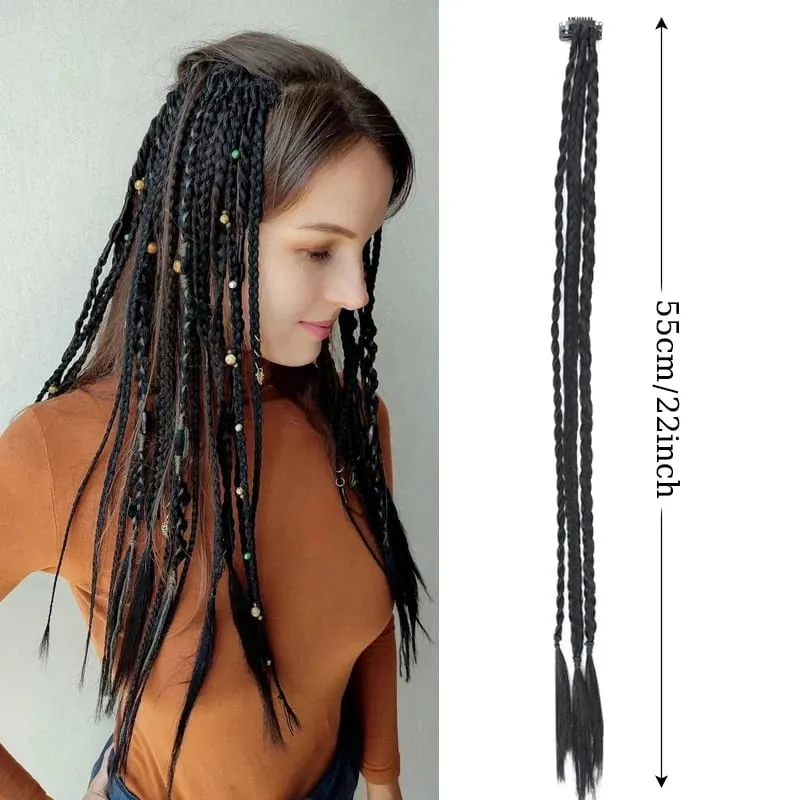 1Pc Clip in Braid Hair Extensions Wig 22inch Synthetic Braided Hairpiece 3 Braids on One Clip for Women Daily Costume Party Use