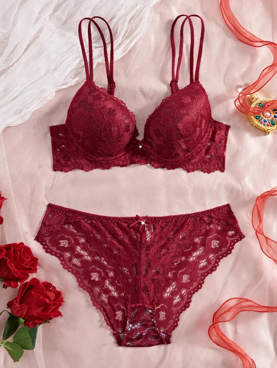 Women's Sexy Lingerie Set Lace Patchwork Solid Color Bowknot Rhinestone Embellished Push-Up Double Shoulder Strap Unlined Comfortable Underwear Lace Semi-Transparent Breathable Panties