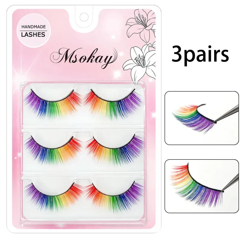 3 Pairs Rainbow Colored Eyelashes Brown Cosplay False Eyelashes Blonde Makeup Eye Lashes Colorful Blue Halloween Vegan Cilias