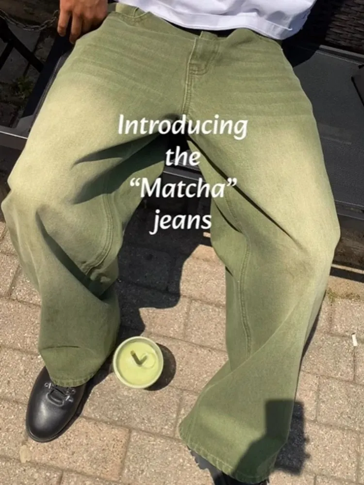 Mens Jeans Matcha Green Washed Gradient Denim Pants Harajuku Unisex Loose Fit Straight Leg Wide Leg Casual Streetwear Fashion