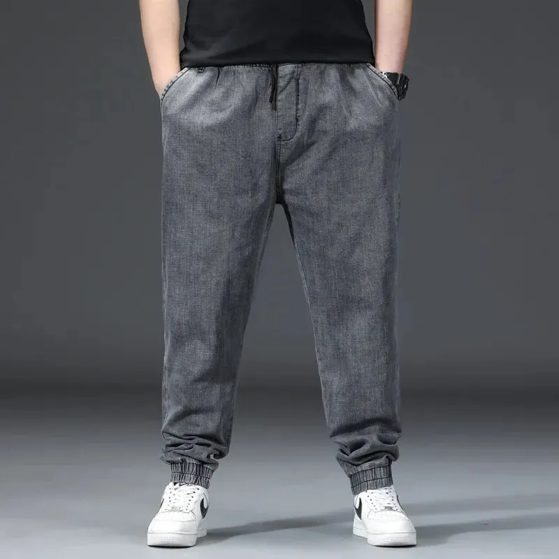 Men's Elastic Waist Loose Straight Jogger Jeans Plus Size Cuffed Ankle Denim Pants pantalones hombre Casual Trousers