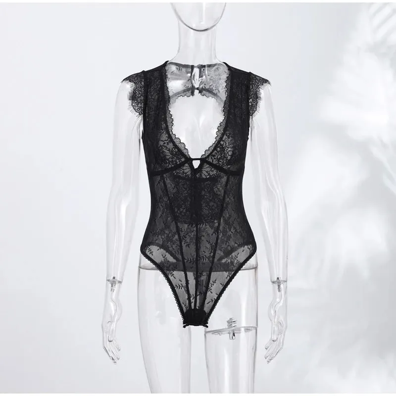 Sexy Lace Women's Bodysuit See Through Solid Deep V-neck Backless One Piece Tops 2026 Summer New Chic Club Party Lady Jumpsuits — image 8