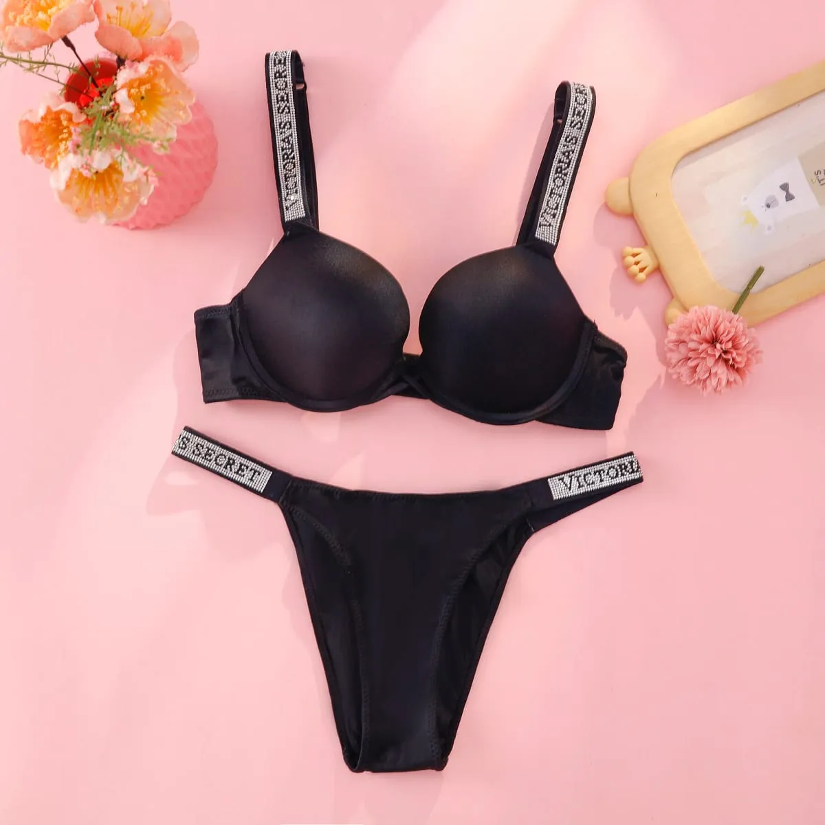 Victoria s Secret Rhinestone Logo Shoulder Straps Lace Underwear Sexy Lingerie Set Push Up Bra And Panties Set For Women — image 2