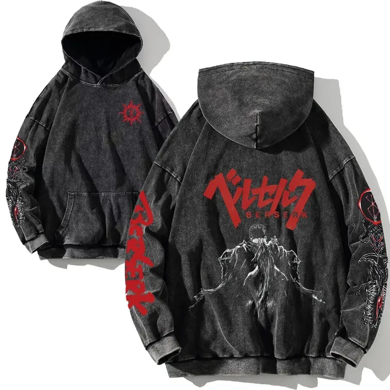 Support Custom Anime Berserk Graphic Hoodies Vintage Washed Oversized Hooded Cool Long Sleeves Cotton Hoodie Men Women Clothes