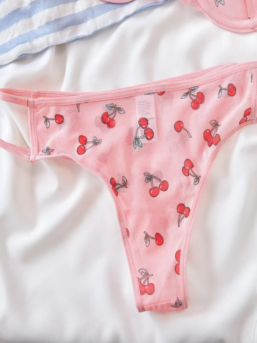 Pink Cherry Lace Bras Set with Mesh Overlay Lingerie Birefs Suit Lightweight Plus Size Underwear Sexy Lace Adjustable Bra Sets