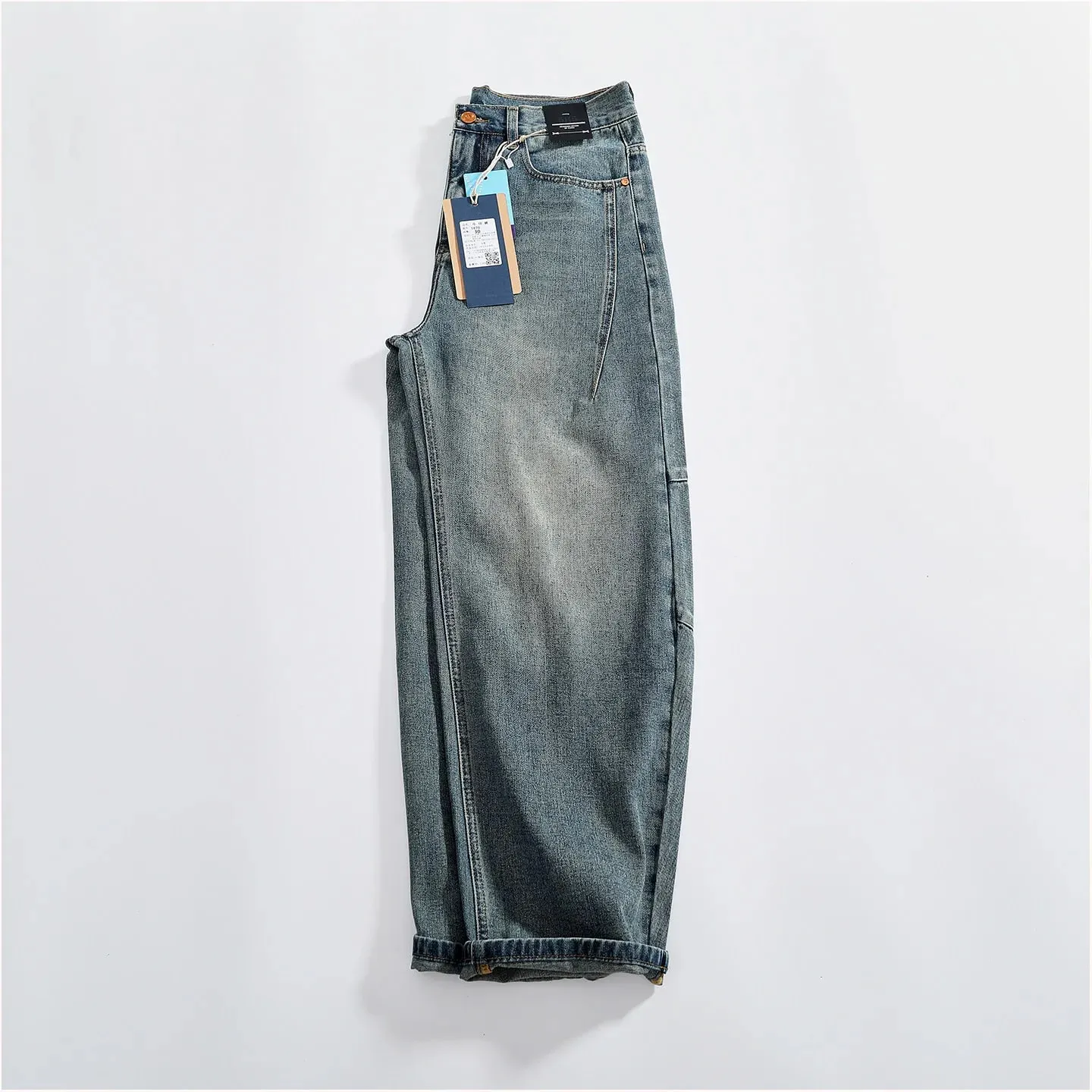 Retro distressed whiskering jeans for men three-dimensional split silhouette wide-leg loose denim trousers
