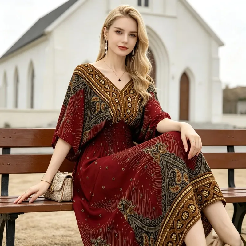 Boho Holiday Women V-Neck Batswing Short Sleeve A-Line Midi Dresses Slim Elastic Waist Casual Vintage Office Lady Elegance Dress