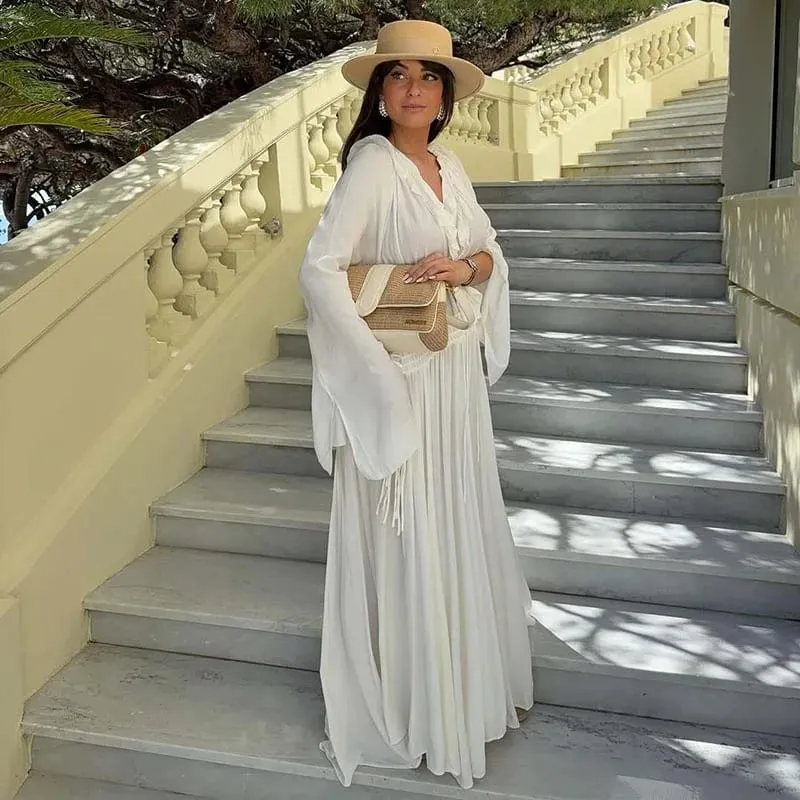 Elegant White Ruffles Maxi Dresses Women Fashion Loose V-Neck Lace-Up Long Robes Female Casual Vacation Birthday Party Vestidos — image 6