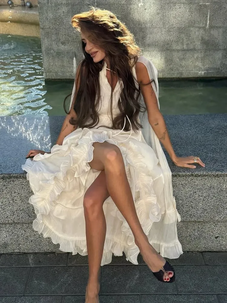 Stunning Shiny Ruffles Lace Up Mini Dress Chic Loose Hollow Out A-line Pleated Vestidos Lady Summer Party Gowns 2026 Spring New