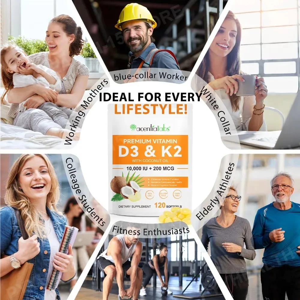 AcentiaLabs Vitamin D3 & K2 Softgels with Coconut Oil Immune Function and Bone Support Gluten Free Non-GMO 120 Softgels