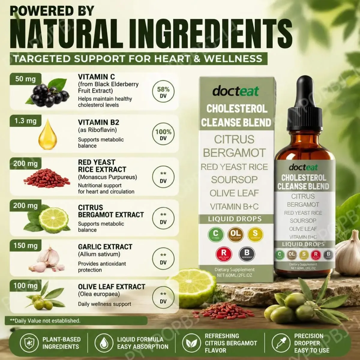 Docteat Cholesterol Cleanse Blend Liquid Drops Citrus Bergamot Supports Metabolic Balance with Vitamin C and B2 Dropper 60 ML