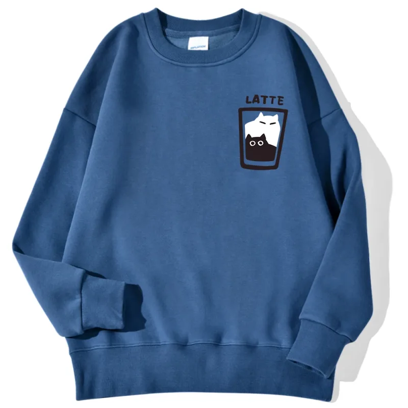 Cat Latte Cartoon Design Men Sweatshirt Fashion Casual Hooded Vintage Loose Hoodies Korean Fleece Clothing