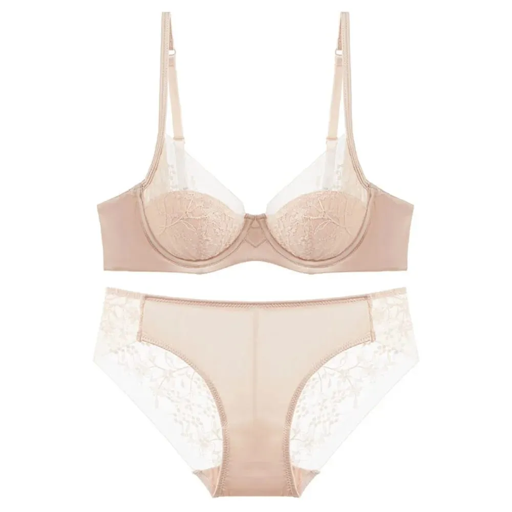 Women Lace Lingerie Set Thin Cup Minimizer Bra Panty Kit Full Coverage Breathable Intimates for Big BustFashion Daily Underwear