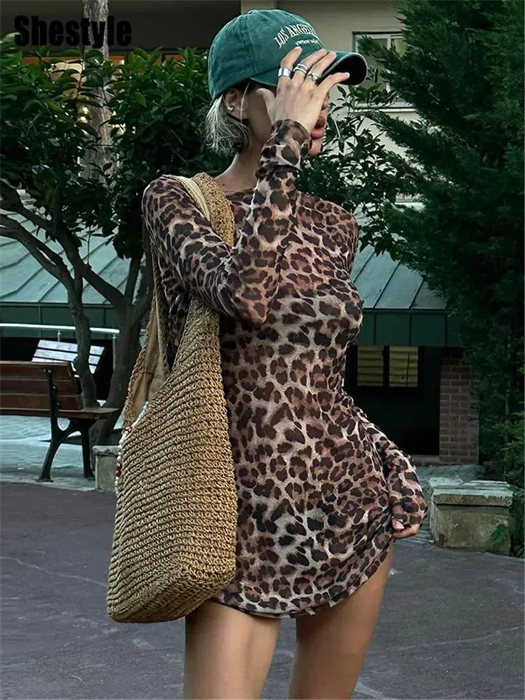 Shestyle Leopard Sexet A-Line Kjole Kvinder Todelt Sæt Mesh Se Gennem Mode Ekstremt Hot High Street Dyreprint Stilfuldt