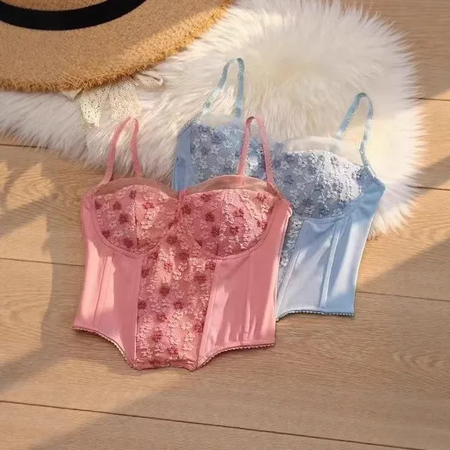 Women Lace Boned Corset Tops Ruched Camisole Bustier With Chest Pads Elegant Daily Outer Wear Backless Sexy Lingerie Tank Top