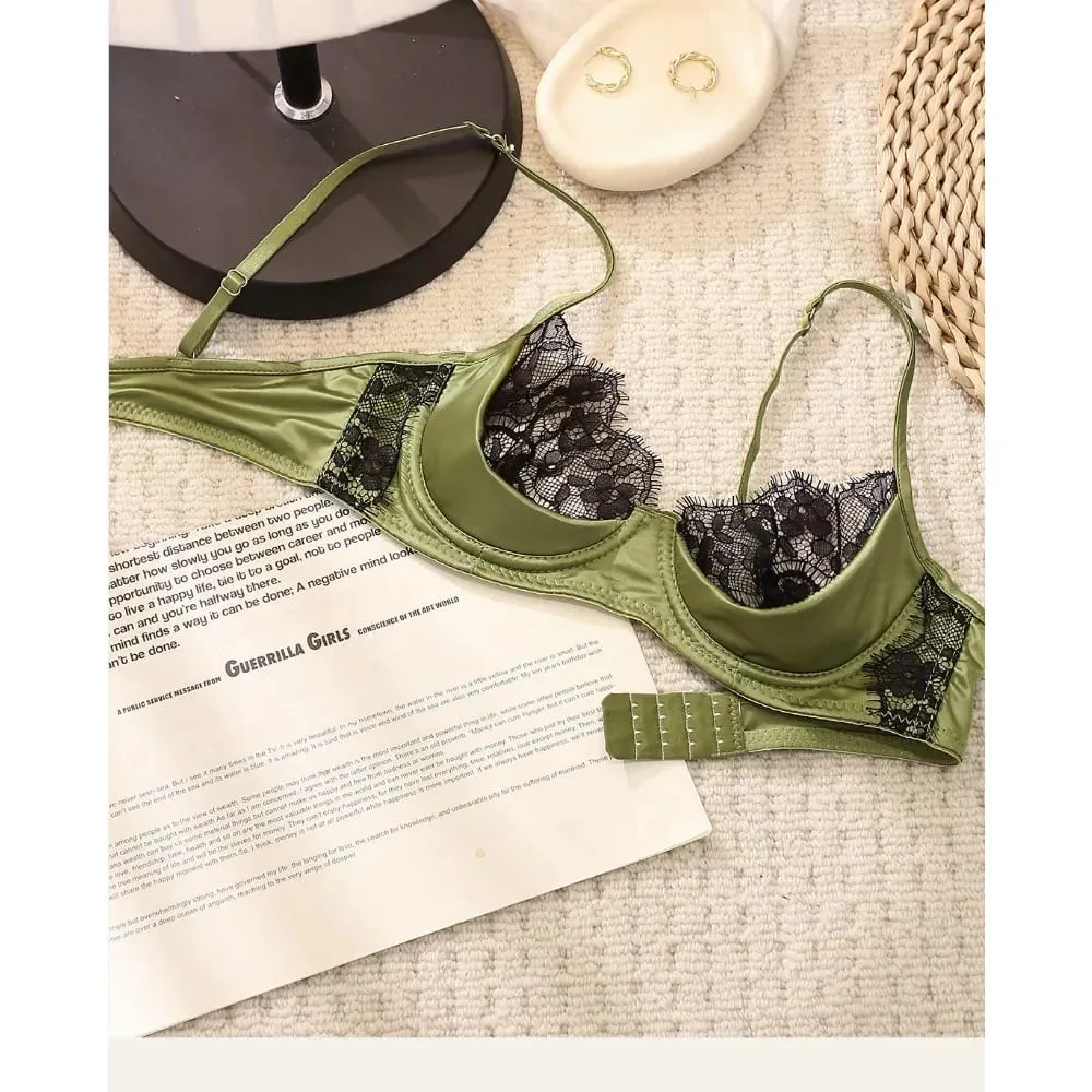 Women French Lace Half Cup Lingerie Set Green Ultra Manipis Sheer Soft Kumportable Underwire Bra Para sa Maliit na Bust 32‑38AB — image 2