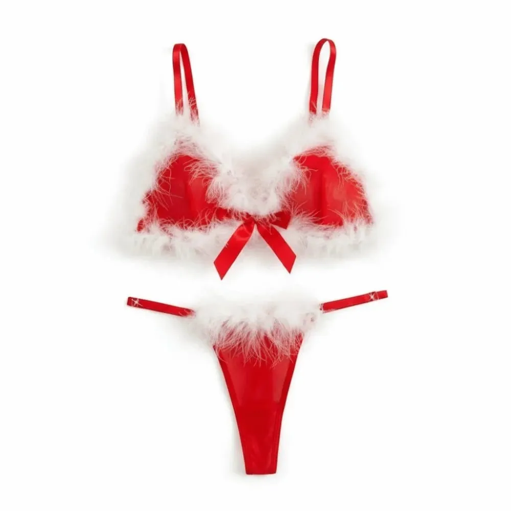 Furry Women's Underwear Mesh Transparent Wireless Lingerie Set Bow Decor Romantic Intimate Bra Panties Suit Anniversary