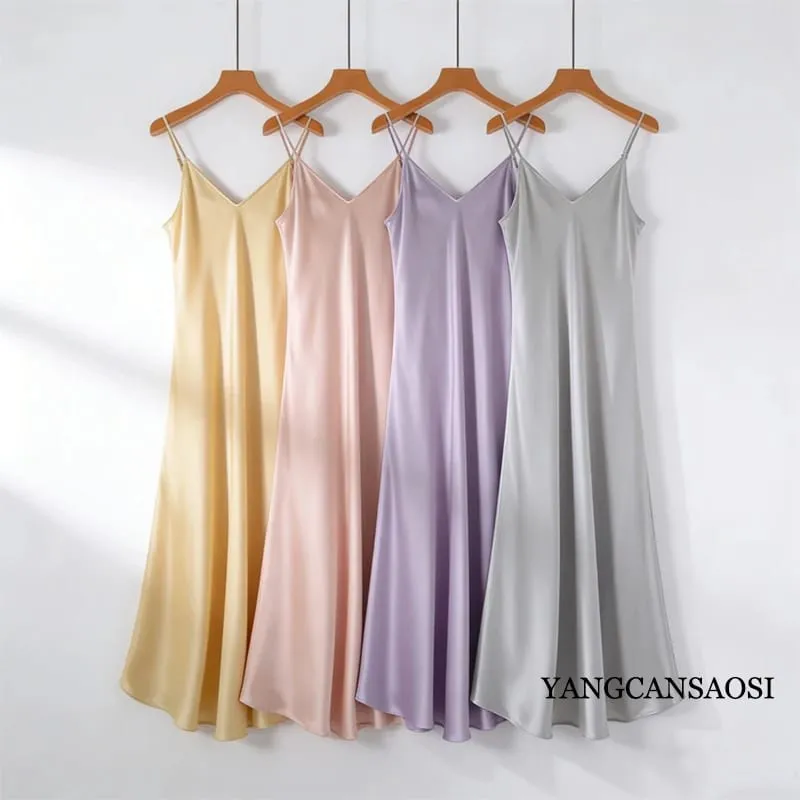 2026 Women's Fashion New 21MM 100% Natural Mulberry Silk Plain Satin Extended French Sexy Adjustable Shoulder Strap Solid Dress