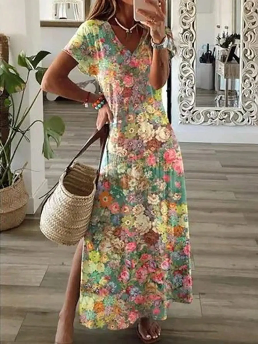 2026 Summer New Fashion Womens Colorful Floral Print V Neck Short Sleeve Maxi Dress Side Slit Summer Boho Loose Fit Long Dress