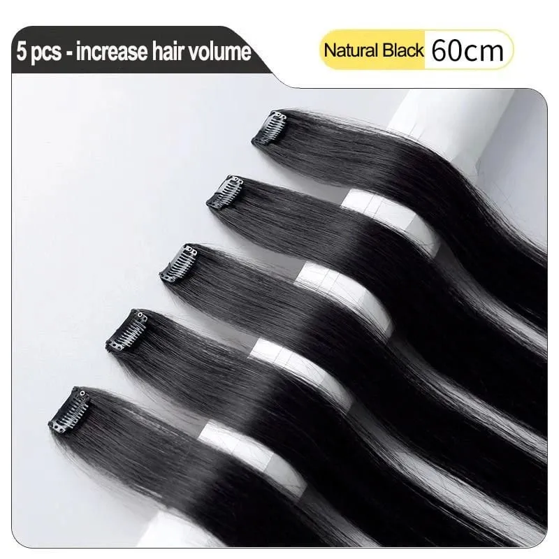 24 Inch Hair Extensions Black Straight Length Synthetic Hair Clips Party Highlights Women's Styling Hair Patches (5pcs in Blac