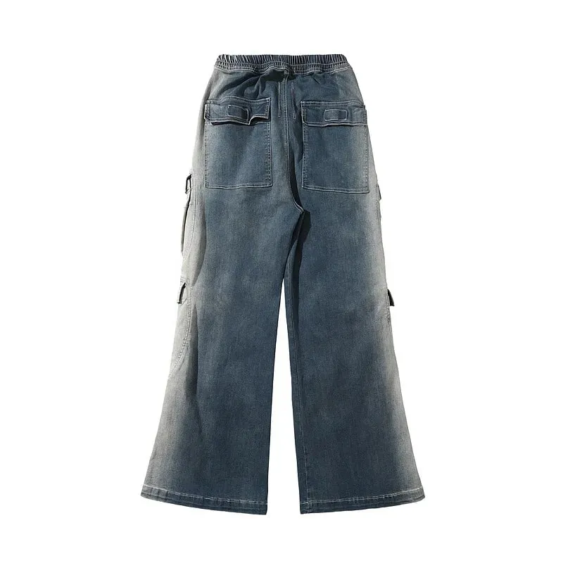 Rick RO style water-washed smoky gray gradient multi-pocket workwear straight-leg casual drawstring wide-leg bootcut loose jeans