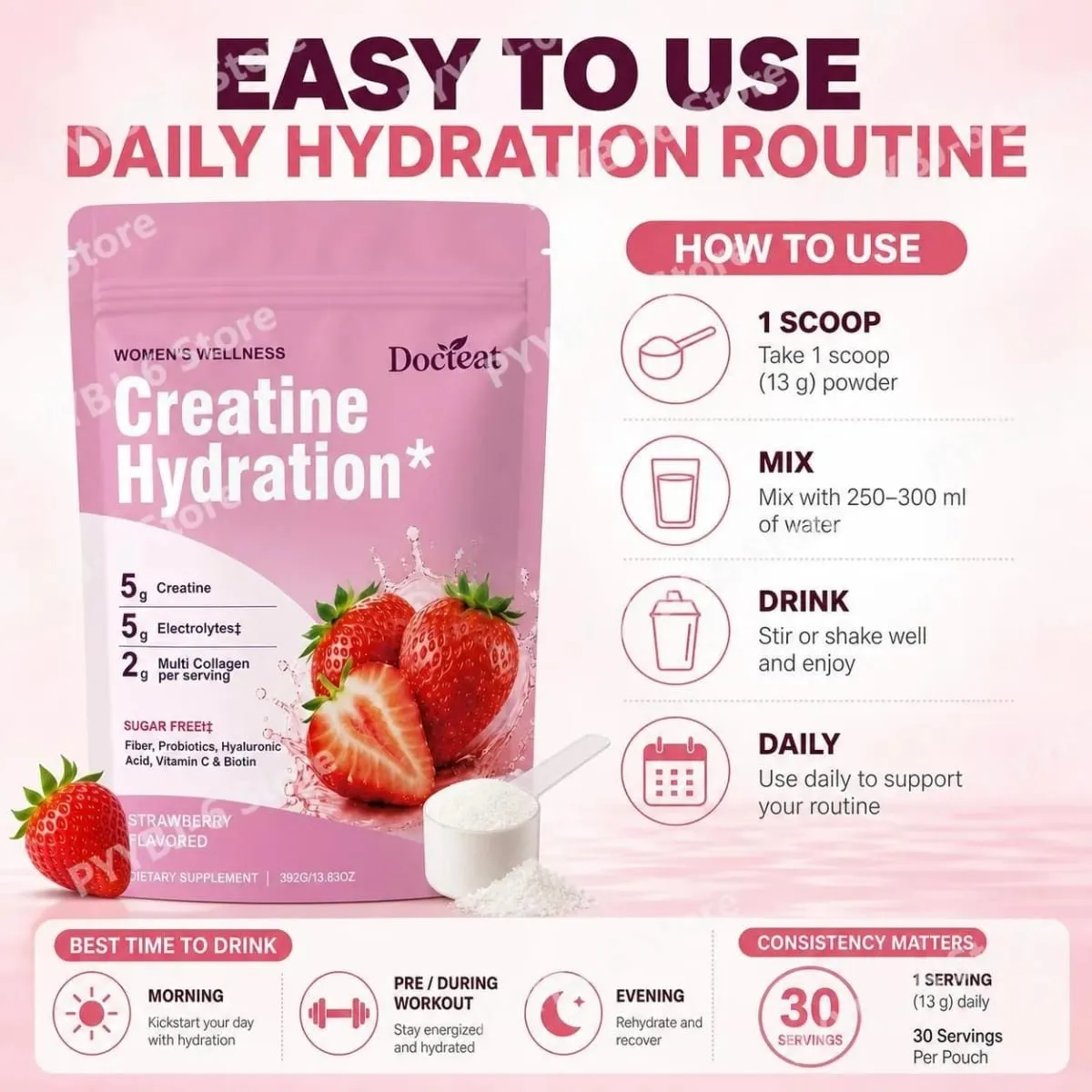 Docteat Creatine Powder Electrolytes Collagen Vitamin C Biotin Sugar Free Strawberry Flavor Women Fitness Wellness 30 Servings