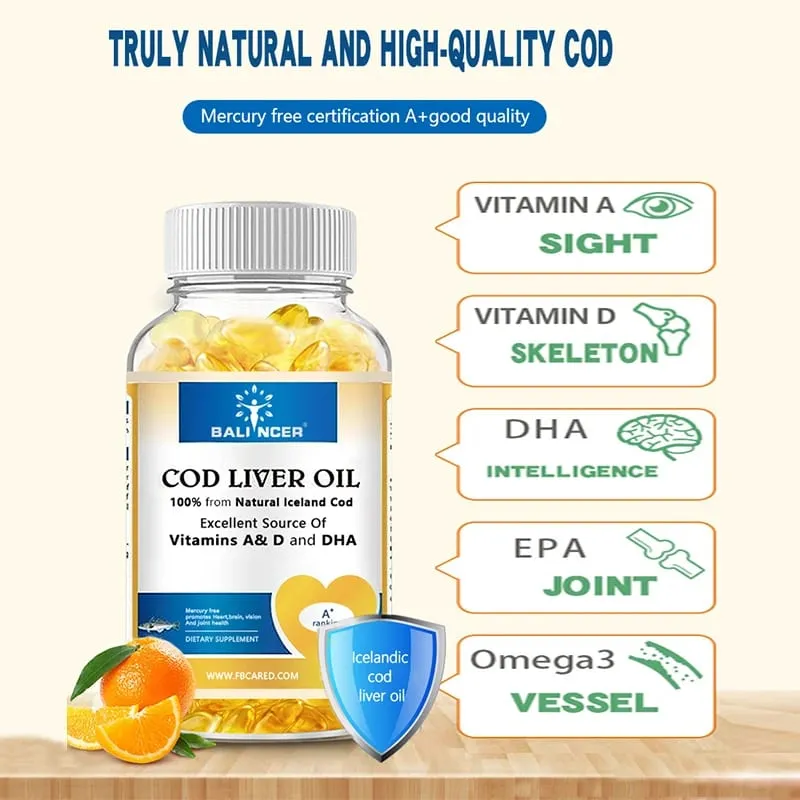 Cápsulas gelatinosas naturais de óleo de fígado de bacalhau - ricas em ômega-3 EPA DHA vitamina A D - apoiam a saúde imunológica das articulações e dos olhos do coração, cérebro