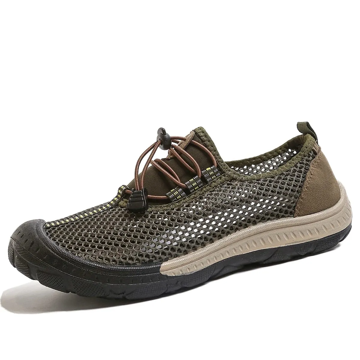 Men's Hollow Mesh Quick Toggle Lace Walking Trainers Striped Stitching Trim Wrapped Thick Rubber Toe Cap Outdoor Casual Shoes