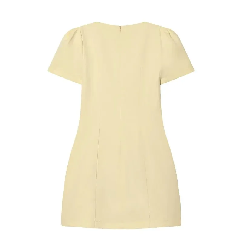 2026 Pleated Short Dresses for Women Yellow Holiday Women's Dresses Elegant Party Dresses Woman Short Sleeve Formal Dress