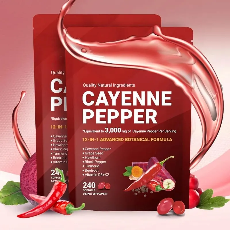 Gélules de poivre de Cayenne avec pépins de raisin, betterave, curcuma, vitamines D3 K2 E, supplément à base de plantes