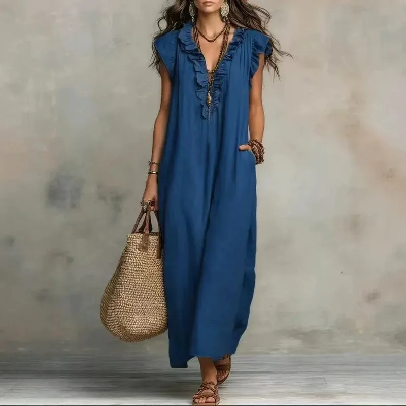 2026 Summer Women Boho Cotton Linen Maxi Dress Solid Color Ruffle V Neck Sleeveless Loose Long Dresses With Pockets Casual Beach — image 5