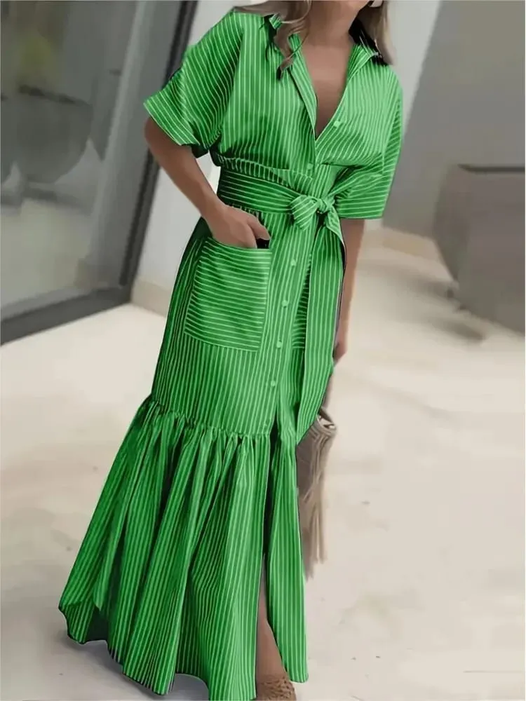 Striped Short Sleeved Loose Mid Length Lace Up Waist Dress With Single Breasted Pocket Shirt Dresses For Women Ropa Mujer