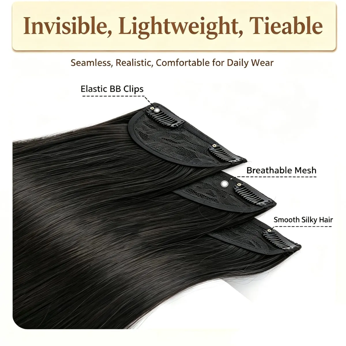 3 Pcs Black Synthetic Straight Hair Extensions Invisible Seamless Clip on Breathable Mesh Elastic BB Straight Hair Pieces