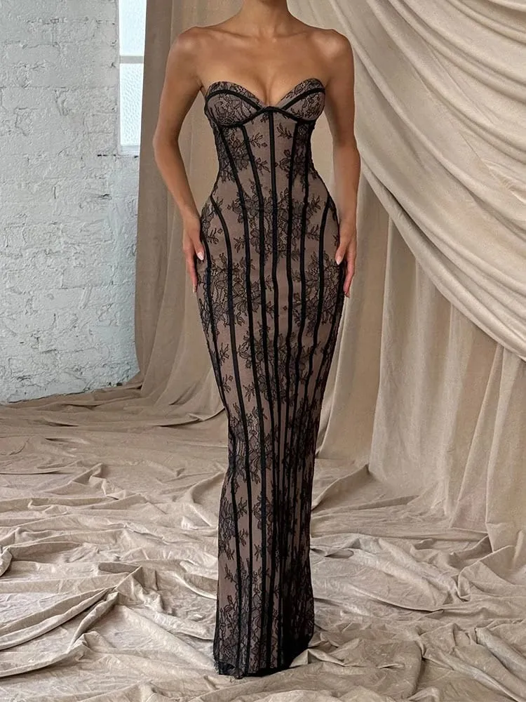 Women Backless Strapless Tulle Fishbone Dress Off Shoulder Printed Patchwork Slim Maxi Dresses 2026 Lady Chic Party Evening Gown