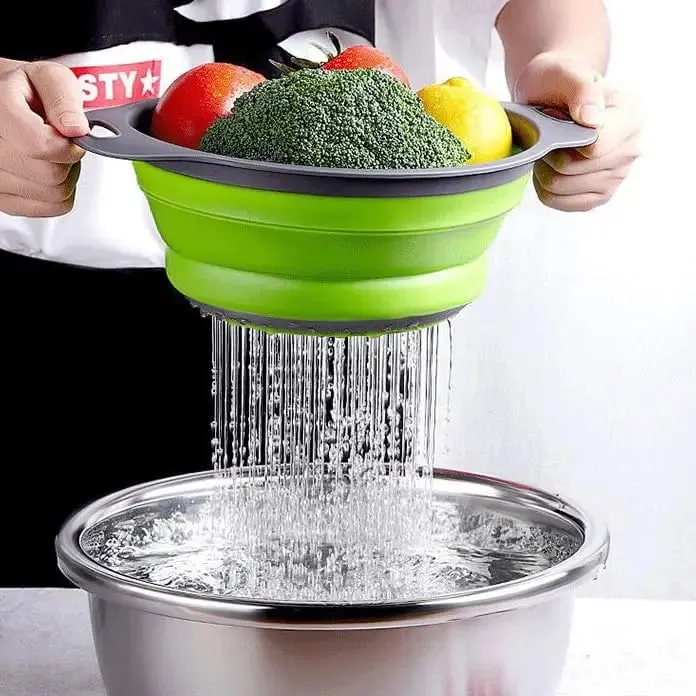 Зеленый цельный складной силиконовый фильтр-многофункциональный дуршлаг для макарон, фруктов, овощей, путешествий на кухню