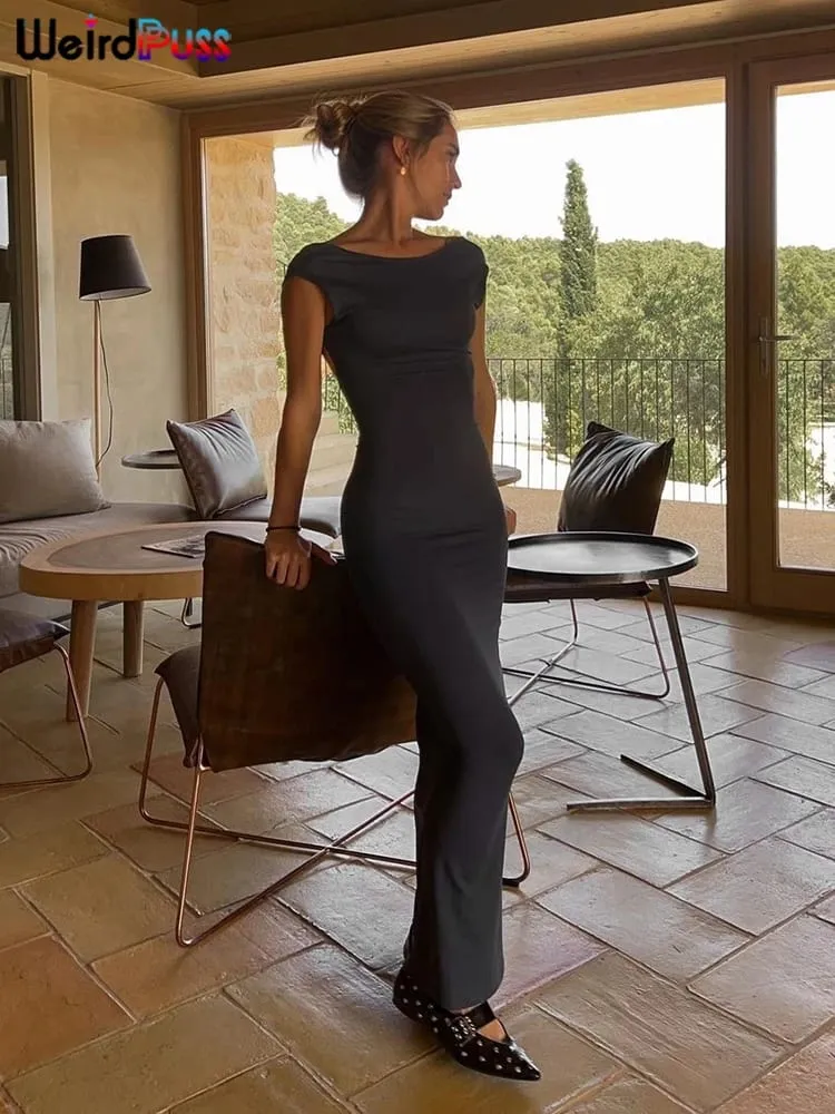 Weird Puss-Vestido largo sexi con espalda descubierta para mujer, vestido largo ajustado de manga corta, elástico, informal, ropa de calle firme, ceñido al cuerpo para fiesta y Club