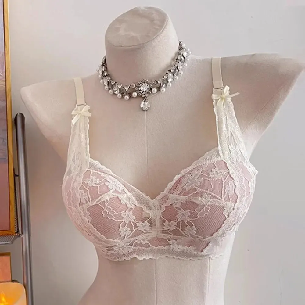 Female Halter Style Bow Lace Bra Padded Push‑Up No Underwire Soft Inner Wear Lingerie for Small Bust Daily Wearセクシーな